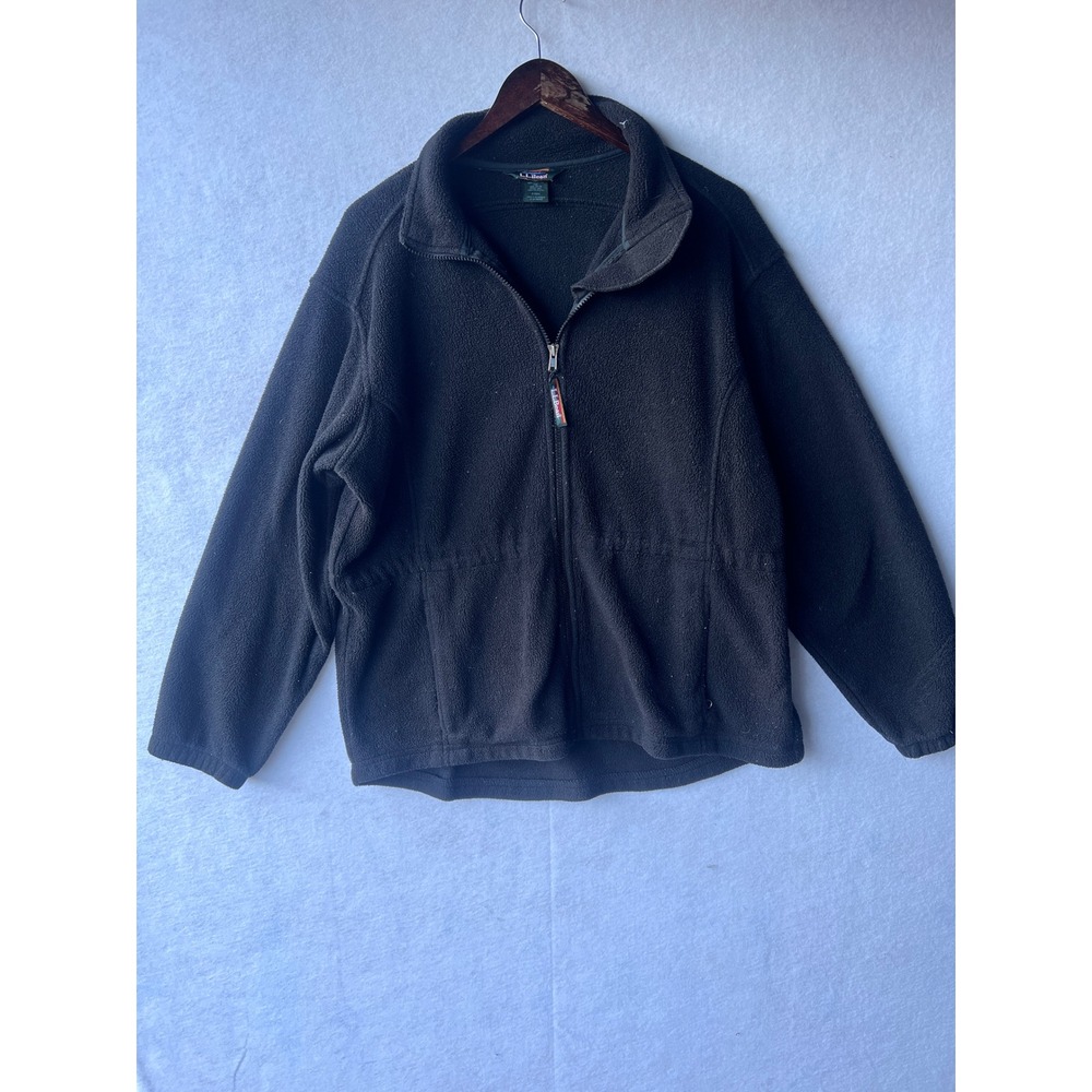LL Bean Mens Full Zip Fleece Jacket Black Cinch Waist Mock Neck Large 0-CQ32